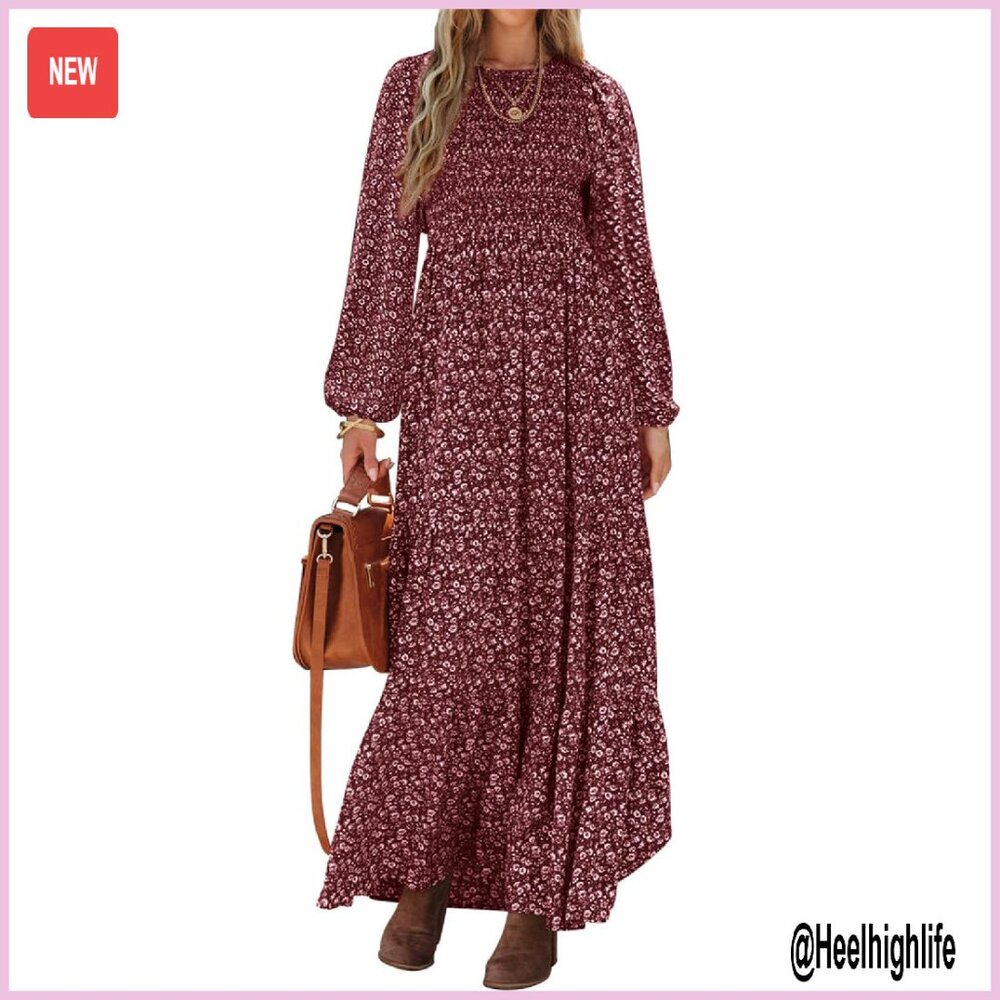 Long Sleeve Flowy Maxi Dress Smocked Tiered Floral Midi Casual